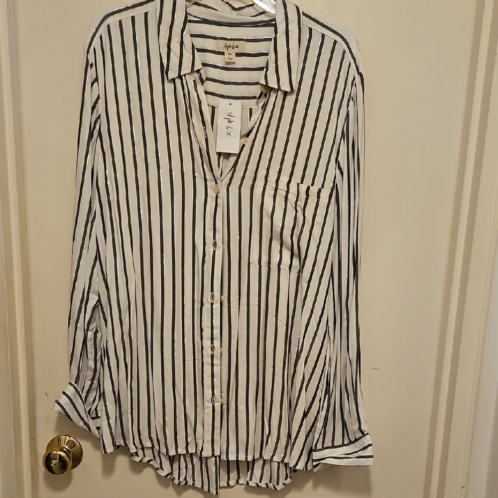 Style & Co. White and Black Vertical Stripe Button-Up Blouse